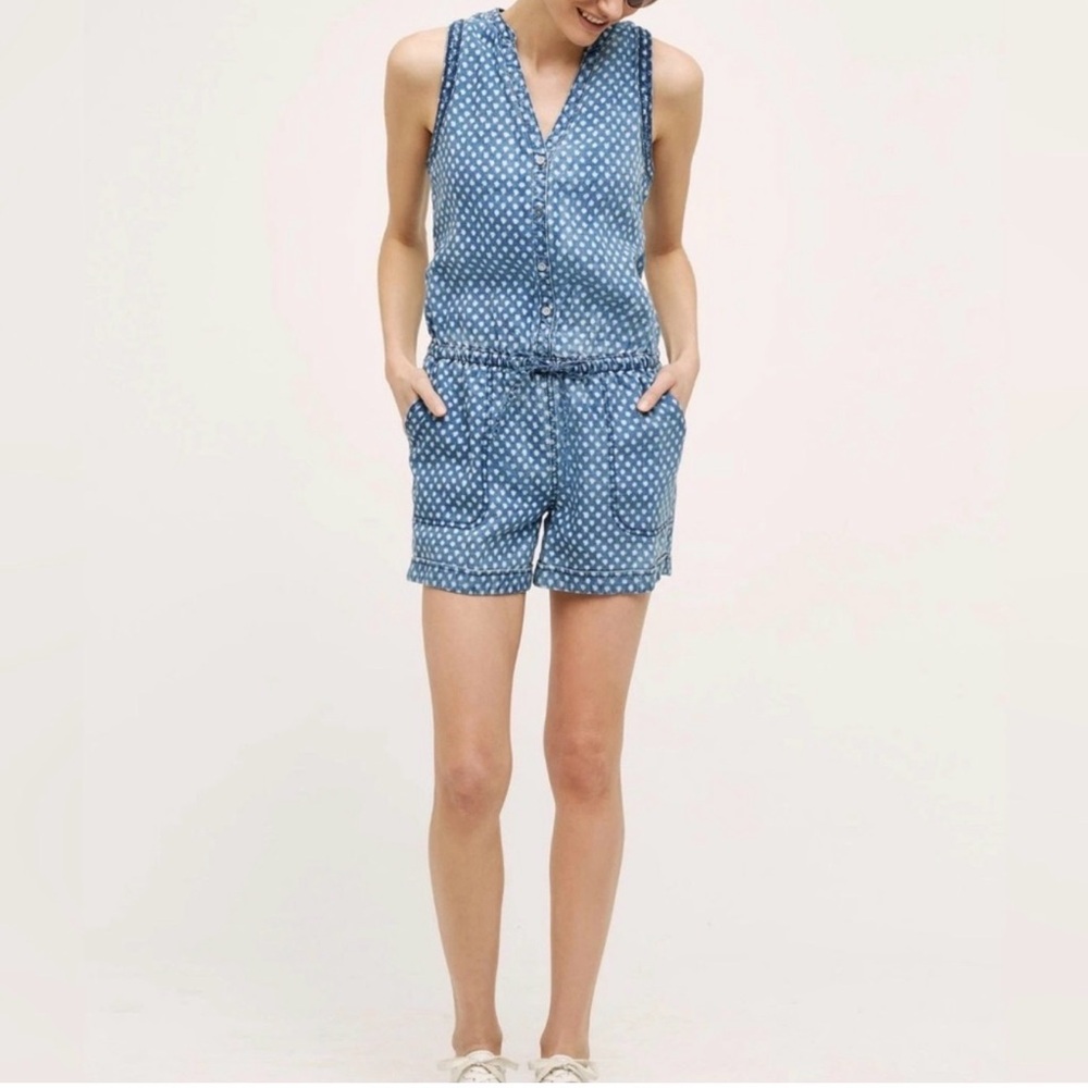 Hei Hei Dottie Chambray Denim Dot Romper, Women’s size small by Anthropologie